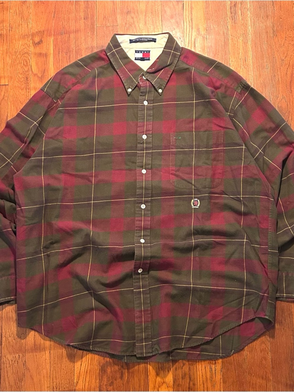 Vintage ‘90s Tommy Hilfiger Preppy Plaid Green Red Oxford Button Down Shirt XL